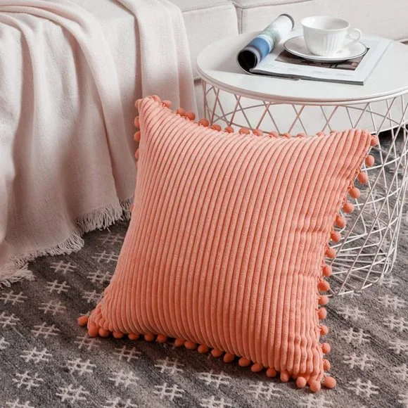 Coral Pink Corduroy Luxury Velvet Pompom Bed/Sofa Throw Pillow Cover/Case Set - Picture 2 of 8